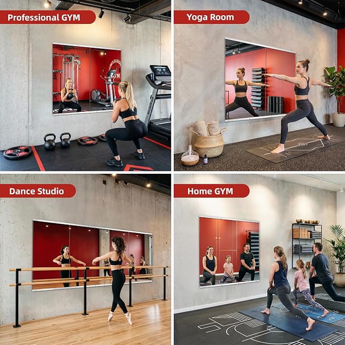 Home Gym Mirror for Wall, 48"x28"-2PCS Frameless Tempered Glass Mirror | Large Full Length Mirror for Garage, Workout, Yoga Room, Dance Studio & Home Exercise