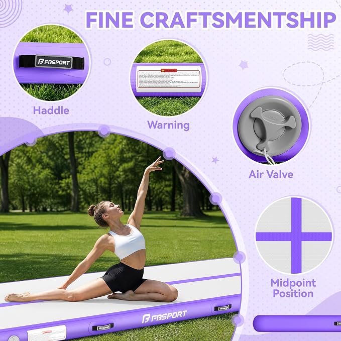 FBSPORT 6.6ft/10ft/13ft/16ft/20ft Inflatable Air Gymnastics Training Mat | 4/6/8 inches Thickness Inflatable Mat, with Electric Pump, Suitable for Home Training/Cheerleading/Yoga/Water