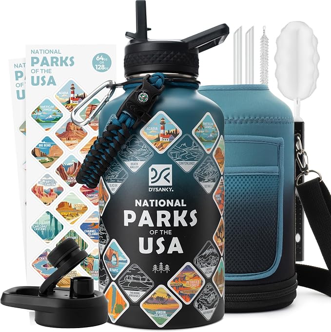 DYSANKY National Parks Water Bottle – 64 oz Insulated Stainless Steel Bottle with 63 Hand-Drawn Park Stickers, Carrier Bag, Strap & Gift Box – BPA-Free – Ideal for Hiking, Camping & Travel