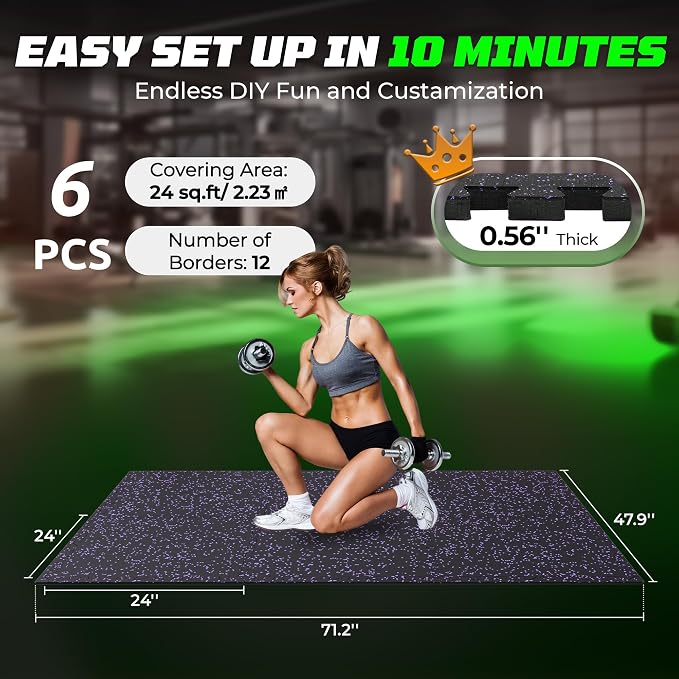 PRAISUN 0.56" Rubber Top Gym Flooring, Heavy Duty Interlocking Gym Mats for Home Gym, Non-Slip Workout Mat, 24 x 24in Large Gym Floor Mat, Protect Floors from Equipment, 24 Sq Ft, Black/Purple