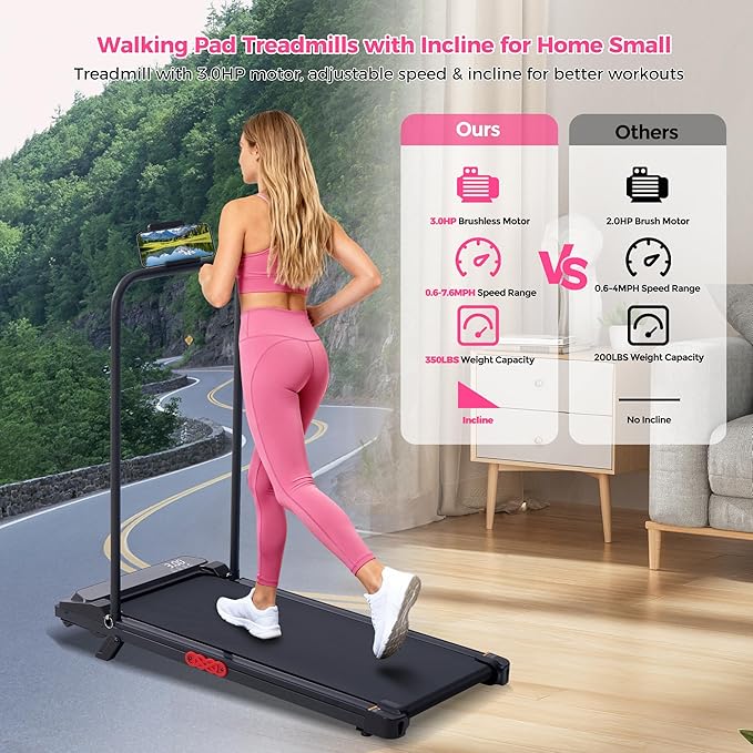 Portable Walking Pad Treadmill with Handle Bar and Incline for Home 0.6-7.6MPH Under Desk Treadmill for Home Small, 350LBS Small Treadmills with Handles, 3.0HP Treadmills for Exercising