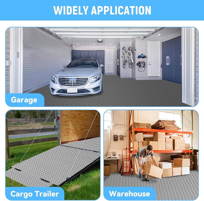 4x8 FT Garage Floor Mat, 2.8mm Thickened Diamond Plate | PVC Flooring Roll for Under Car/Golf Cart/Motorcycle, Garage Mat for Warehouse/Basement/Gyms/Trailer, Tapes Included, Gray