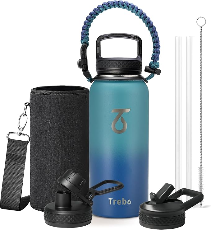 Trebo Insulated Water Bottle 32 oz with 3 Lids, Paracord Handle & Sleeve | Stainless Steel Metal Flask Vacuum, Triple Wall Copper Plated, Dishwasher Safe, Cold 48Hrs for Trail, Hiking, Wide Mouth