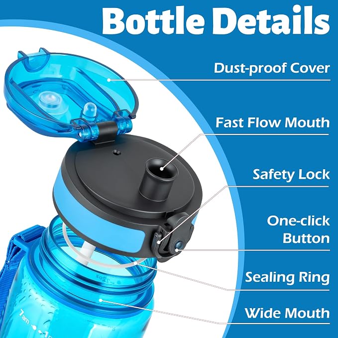 OLDLEY 25 oz Water Bottle, Motivational Water Bottle with Time Marker, Sports Water Bottle With Strap, Leakproof & BPA Free Large Water Bottles for School, Gym, Travel, Outdoor, Transparent-Blue