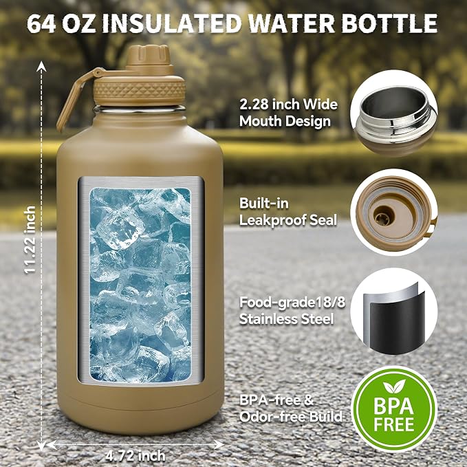 DEFUNX Half Gallon Water Bottle Insulated with Sleeve - Tactical 64 oz Stainless Steel Water Jug with MOLLE Water Bottle Pouch, Gym Water Bottles for Men Hiking Workout (CP Camo)
