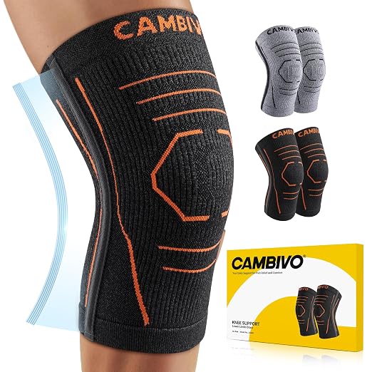 CAMBIVO 2 Pack Knee Brace for Women & Men, Latex Free & Silicone Free Compression Knee Sleeves with Side Stabilizers, Lightweight Knee Support for Arthritis, Meniscus, Walking, Running (Orange-Black, Small)