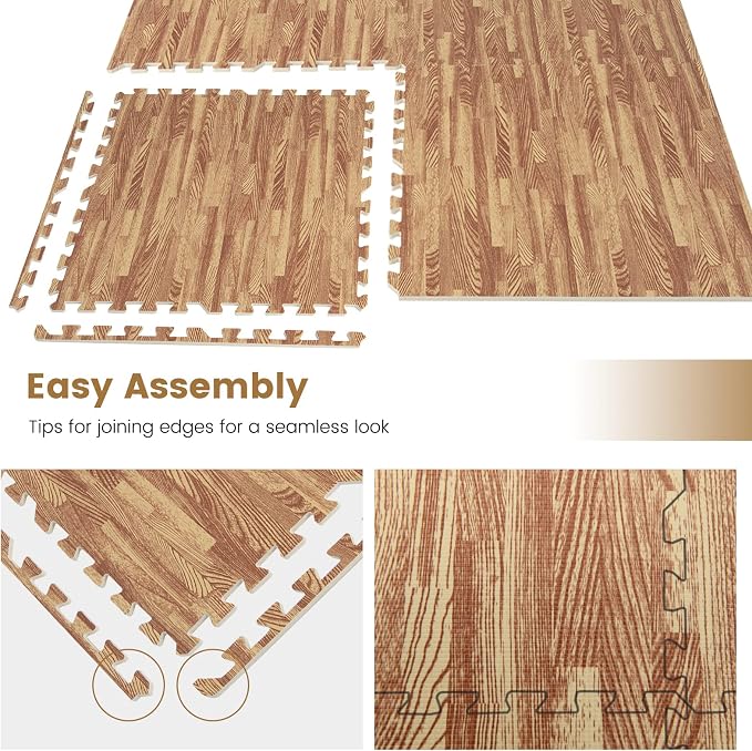 Giantex 24 Pcs Faux Wood Grain EVA Foam Tiles, 24"x24" Interlocking Floor | 96 Sq. Ft Puzzle Exercise Mats with 48 Borders, 0.4" Thick Waterproof Anti-Slip Flooring for Home Gym, Basement, Light Oak