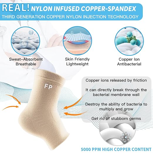 Copper Ankle Brace for Women Men 2 Pack Ankle Compression Sleeve Support for Sprained Ankle, Plantar Fasciitis Relief & Achilles Tendonitis Brace, Sports, Running, Nude, S
