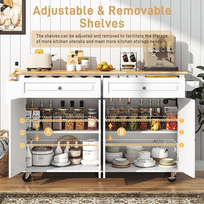 Hlivelood 63" Movable Kitchen Island with Drop Leaf and Power Outlet, Rolling Island Cart w/Storage Cabinet, Island Table on Wheels for Kitchen w/2 Drawers, Spice Rack, Towel Bar, Garage Hook, White