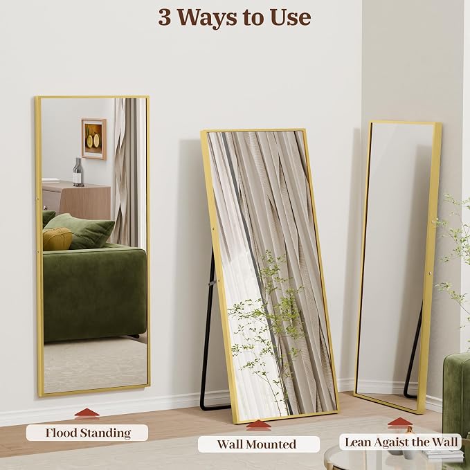 56"×18" Full Length Mirror, 2 Pcs Shatterproof Tempered Glass Floor Mirror, Alum Alloy Thin Frame Standing Mirror with Freestanding/Leaning/Wall Mount for Bedroom, Living Room & Entryway, Gold