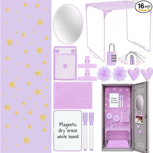 16 PCS Locker Accessories for Girls Magnetic Locker Decorations Kit with Shelf Mirror Whiteboard Pen Holder Rug Wallpaper Lights Locker Organizer Set for School Dorm Room Office Gym (Purple)