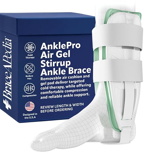 AnklePro Air Cushion Stirrup Ankle Stabilizer Brace - Removable Cold Therapy 3-Strap Rigid Stirrup Ankle Splint w/Gel Pad for Women & Men - Lateral Support for Stability, White, Trainer
