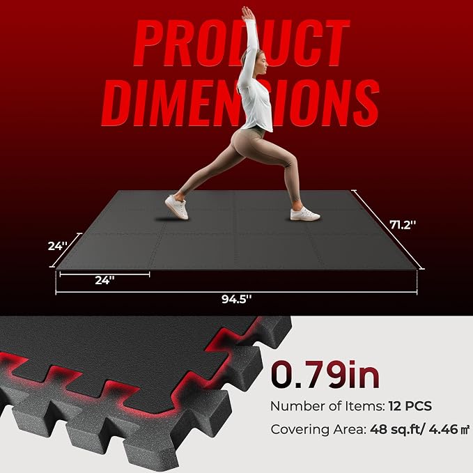 SUPERJARE 0.79'' Extra-Thick Exercise Equipment Mats, 12 Pcs 48 Sq Ft Rubber Top Floor Tiles with High Density EVA Foam, Interlocking Gym Flooring for Home Gym, Workout Mat, Black