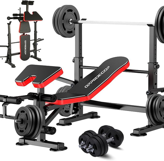 OPPSDECOR 900LBS Weight Bench Set Adjustable Workout Bench for Home Gym | Bench Press, Incline Press, Squat Rack, Leg Developer, Preacher Curl Pad, Fits 6-7ft Barbells, 2-Second Fold, 38-in Rear Rack