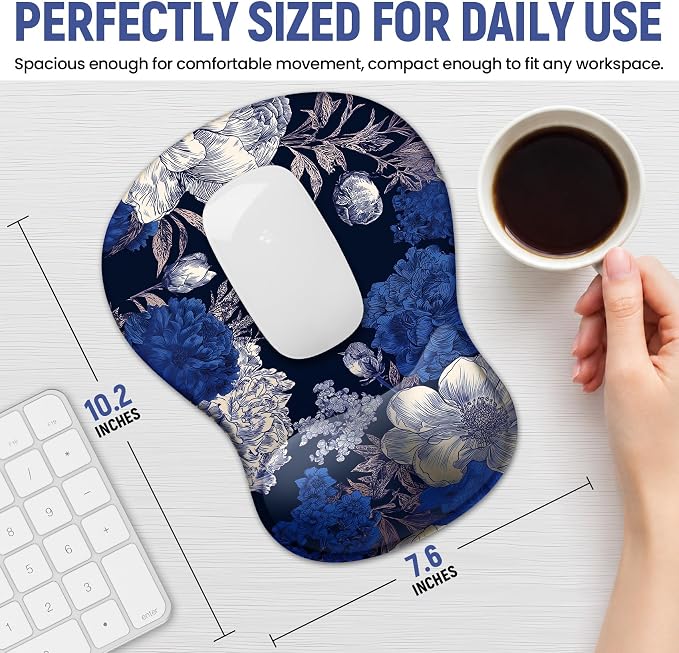 Ergonomic Mouse Pad with Wrist Rest, Gel Wrist Support, Indigo | 10.2 x 7.6 in Mouse Pad with Smooth Fabric Surface and Non-Slip Rubber Base for Office, Home, Study, and Gaming
