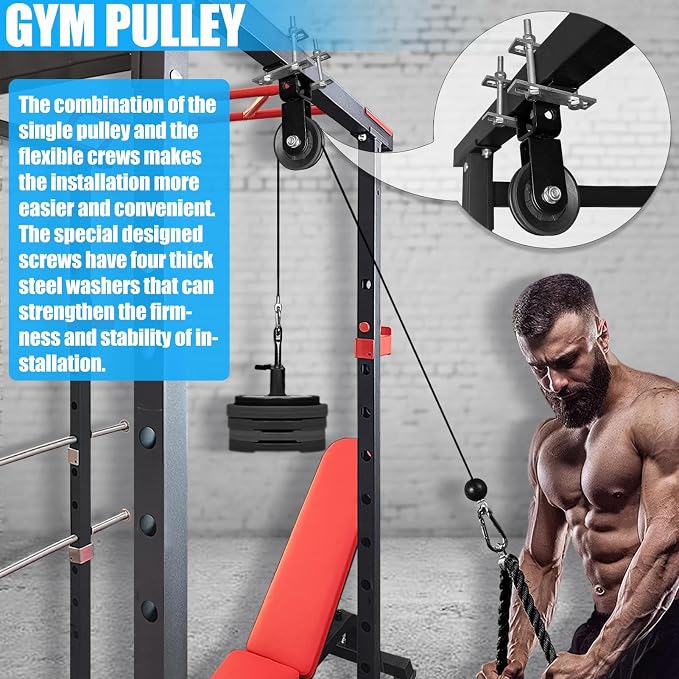 Power Rack Pulley Attachment, LAT Pulldown Machine - Cable & Weight Dual Pulley System for Home Gym Strength Training, Power Racks