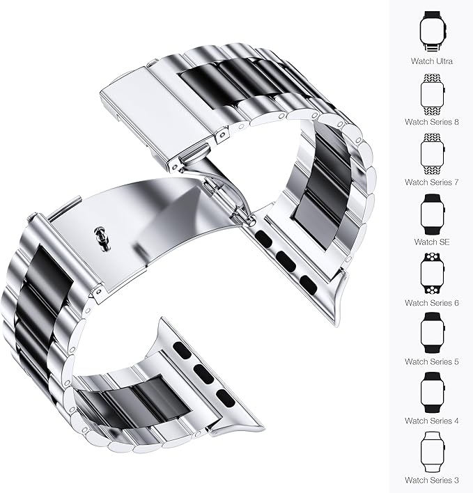 EPULY Compatible with Apple Watch Band 42mm 44mm 45mm 38mm 40mm 41mm, Business Stainless Steel Metal Wristband for iWatch SE & Series 7 6 5 4 3 2 for Men (Silver+Black, 45mm 44mm 42mm) | Stainless Steel Strap Suitable for Business Setting & Everyday We...