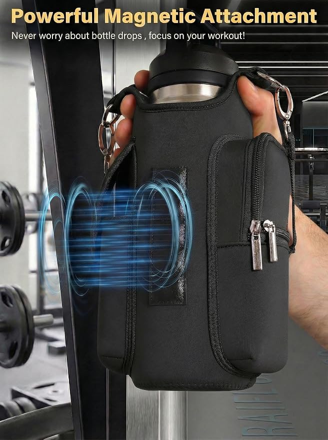 Magnetic Gym Bag,Magnets Gym Water Bottle Bag Carrier Holder with Pockets & Strap Fit for 18 to 40 oz Owala Hydro Flask Yeti, Gym Accessories for Men Women,Walking, Hiking