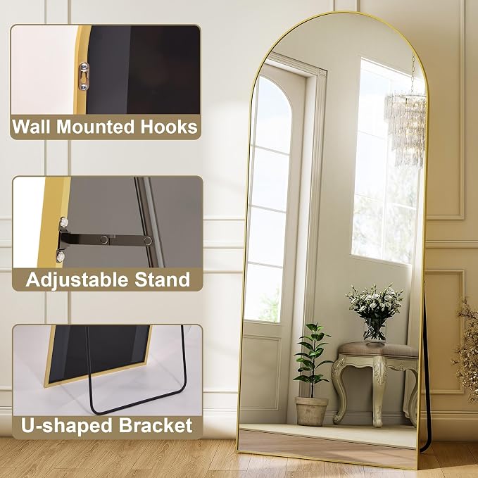 Arched Full Length Mirror 59"x16" Leaning Hanging for Decor Gold | Standing Body Mirror with Aluminum Frame for Bedroom Cloakroom Living Room Make-up Gift