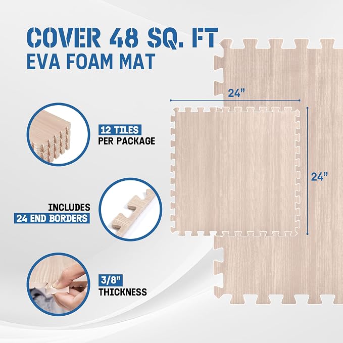 Yes4All EVA Interlocking Mats, Puzzle Floor Tiles, Foam Floor Padding with Border for Furniture, Home Space, Living Room, Garage