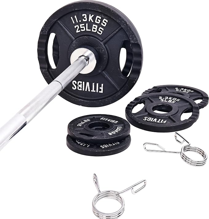 Signature Fitness Cast Iron Olympic 2-Inch Weight Plates Including 7FT Olympic Barbell, 130-Pound, 300-Pound or 325-Pound Set, Multiple Packages