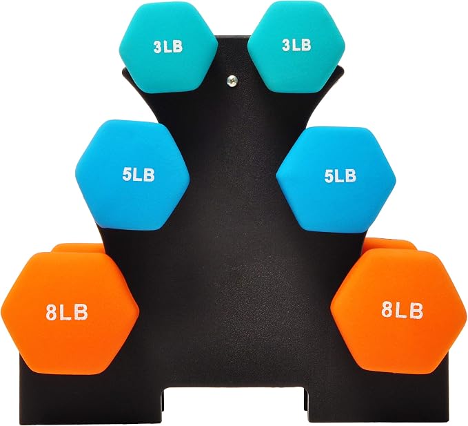 Fitvids Set of 6 Neoprene Dumbbell Hand Weights, Set with Rack: 3/5/8 Pairs