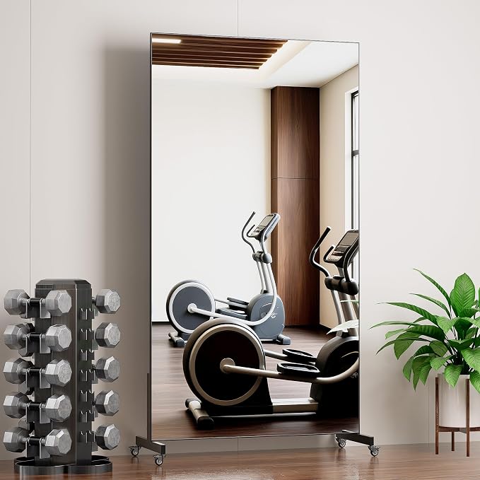 Home Gym Rolling Mirror 72"x40" – Extra Large Full Length Mirror with Wheels, Mobile Tempered Glass Floor Mirror, 360° Swivel, for Workout, Garage, Dance Studio, Yoga, Bedroom, Black