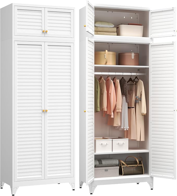 Polup 86" Tall Metal Armoire Wardrobe Closet for Hanging Clothes | White Heavy Duty Steel 4-Door Clothing Storage Cabinet with Adjustable Shelves, Rod, for Bedroom, Office (Ships in 2 Boxes)