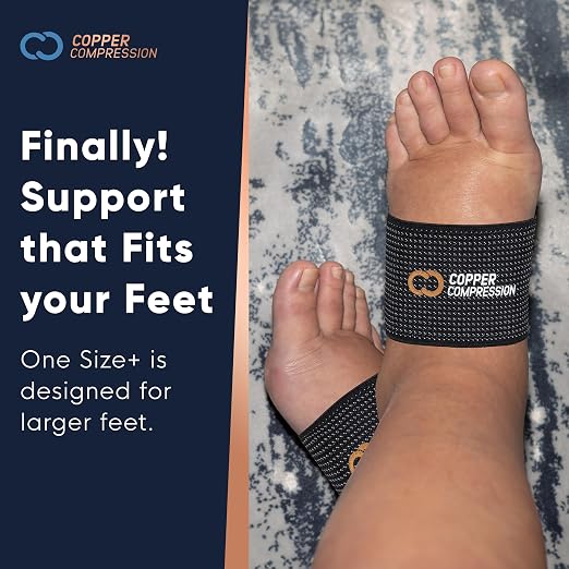 Copper Compression Large Sized Arch Support Sleeves. Targeted Compression for Plantar Fasciitis Symptoms, Pain, Flat Feet & High Arches. Breathable Support for Men & Women - Black