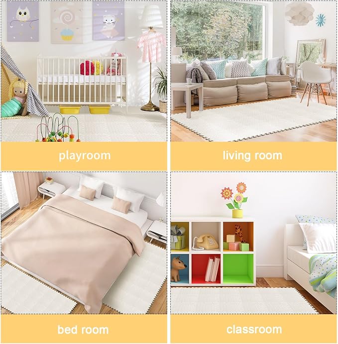 Foam Floor Tiles Foam Floor Mats Play Mats Bulk with Borders Interlocking for Bedroom Gym Nursery(11.8 x 11.8 Inch,Ivory White)