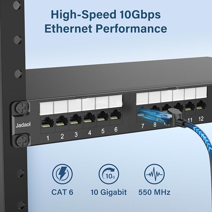 Jadaol 24 Port Patch Panel 10Gbps Rackmount Punch Down Network Panel | 110 IDC, 50μ Gold Plated RJ45 Contacts, PoE/PoE+/PoE++ Compatible, Cat6 1U RJ45 Ethernet Panel for 19-inch Racks/Cabinets