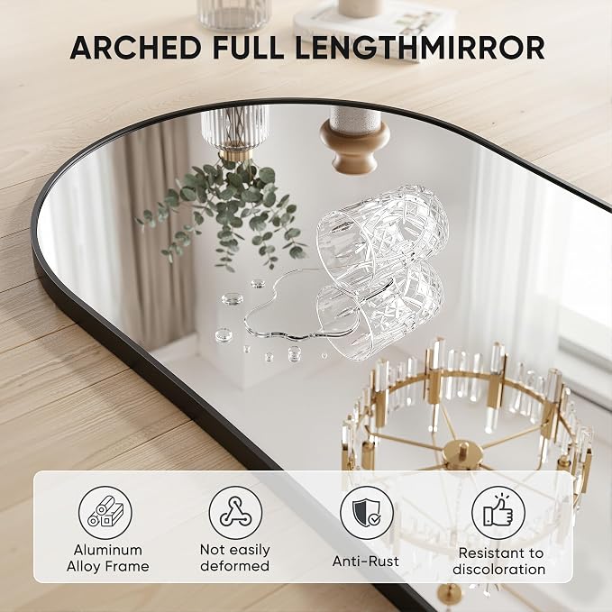 Full Length Mirror, 57"x19" Arched Floor Mirror Freestanding, Floor Standing Full Body Mirror with Stand for Bedroom, Hanging Mounted for Living Room Cloakroom, Black
