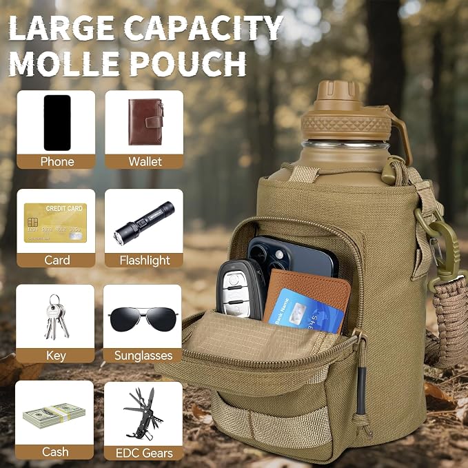 DEFUNX Half Gallon Water Bottle Insulated with Sleeve - Tactical 64 oz Stainless Steel Water Jug with MOLLE Water Bottle Pouch, Gym Water Bottles for Men Hiking Workout (Brown)