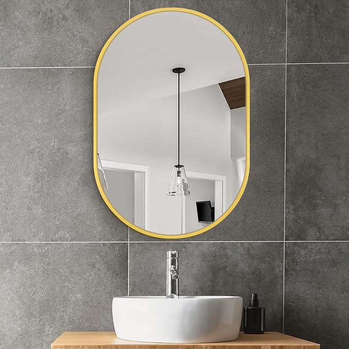 Oval Bathroom Vanity Mirror for Wall, 28''x20'' Gold Oval Bathroom Mirror for Over Sink, Bedroom, Living Room, Entryway, HD Tempered Glass, Wall Mounted Horizontally or Vertically