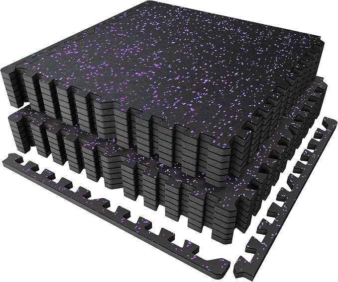 PRAISUN 0.56" Rubber Top Gym Flooring, Heavy Duty Interlocking Gym Mats for Home Gym, Non-Slip Workout Mat, 24 x 24in Large Gym Floor Mat, Protect Floors from Equipment, 48 Sq Ft, Black/Purple