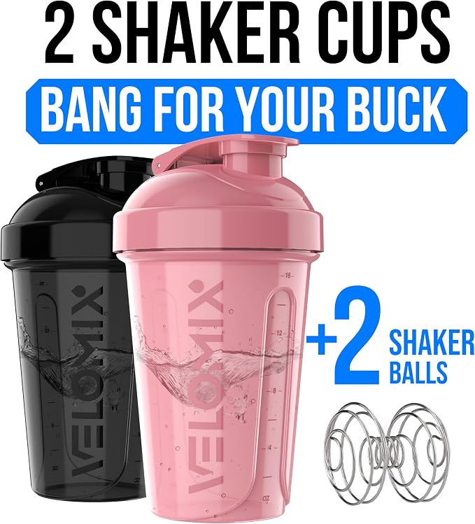 VELOMIX 2 Pack 20oz Protein Shaker Bottle for Protein Mixes, Pink/Black | 2x Wire Whisk, Leak Proof Shaker Cups for Protein Shakes, Stackable, Dishwasher safe, BPA free, Pre Workout and Gym ready