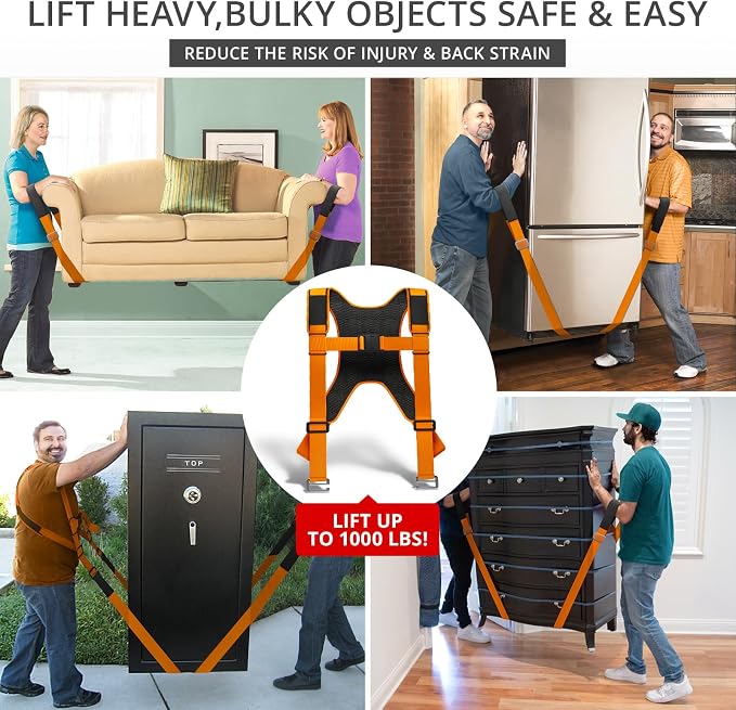 X-Protector Moving Straps - 2 Pairs - Orange Lifting Straps for 2 Movers | Move Furniture Easily and Safely - Perfect for Lifting and Moving Heavy Objects! (with Back Support, Orange)