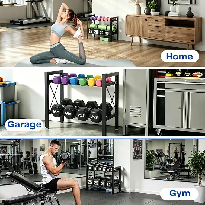 Dumbbell Rack Stand Only, 2 Tier | 3 Tier Adjustable Weight Rack | Thick Steel, Stable Compact H-Frame, Custom Bar Gap, Non-Slip Base, Waterproof Rustproof Coating, For Home Gym Garage Storage