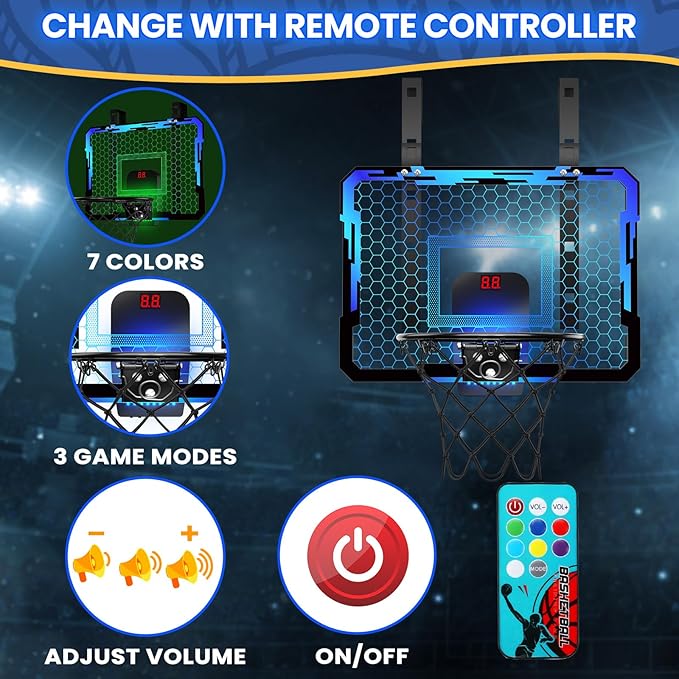 QDRAGON Mini Basketball Hoop with Scoreboard & 7 LED Lighting | Over The Door Indoor, with 3 Balls/Inflator/Breakaway Rim, Basketball Toy Gifts for Kids Adults, Suit for Bedroom/Office
