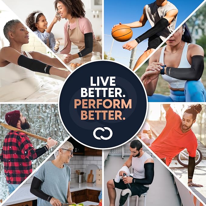 Copper Compression Arm Sleeve - Copper Infused Full Arm Brace for Forearm, Bicep, Triceps - Tennis Elbow, Basketball, Golf, Arthritis, Tendonitis, Bursitis, Post Surgery Rehab - Odor Resistant - Black - M