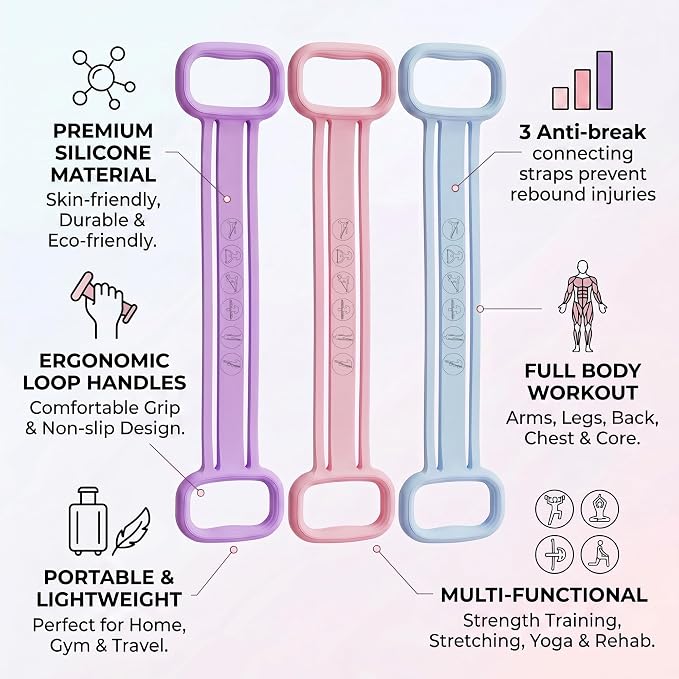 3 Pack Resistance Bands with Handles, Shoulder Trainer for Physical Therapy Home Workout Pilates, Ergonomic Grip Durable Exercise Bands