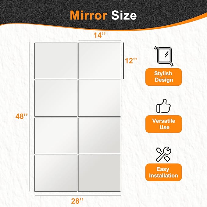 Delma Frameless Mirror Tiles 14"x12"x8 Pcs Wall Mounted | Shatter Resistant, Full Length, Tempered Glass Panels, For Home Gym Bathroom Bedroom & Living Room Decor