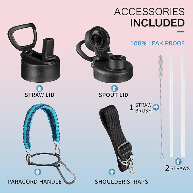 KXIAOCHEN Insulated Water Bottle with Strap, 48-Hour Cold, 2 Lids | Triple-wall insulation, lead-free 18/8 Stainless steel, paracord handle, carabiner clip, for gym, hiking, camping and travel