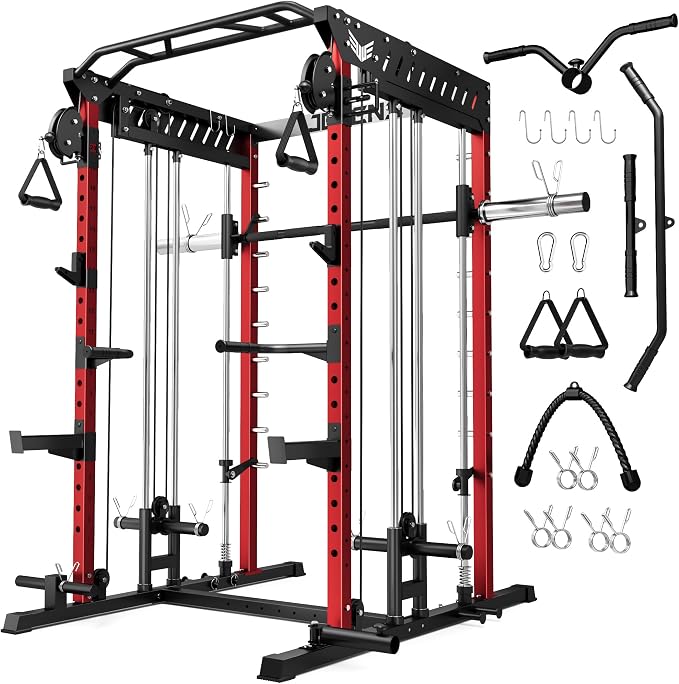 JELENS M21 Smith Machine, Multi-Function Power Cage with Dual Pulley Cable Crossover System, 2000LBS All-in-One Squat Rack with Smith Bar and Attachments for Home Gym