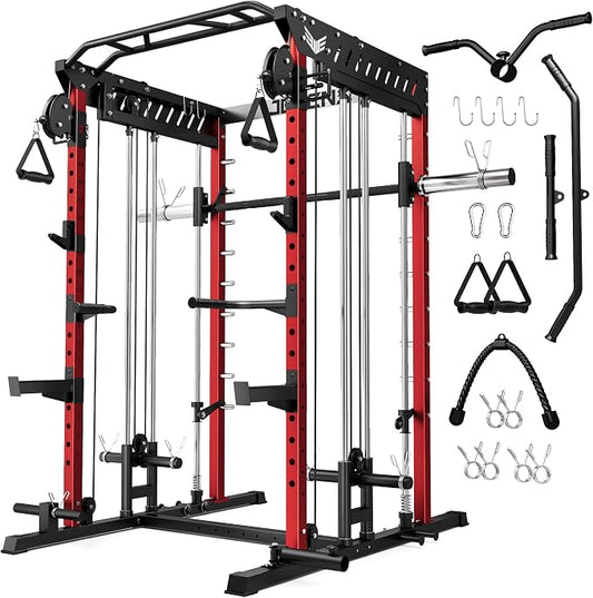 JELENS M21 Smith Machine, Multi-Function Power Cage with Dual Pulley Cable Crossover System, 2000LBS All-in-One Squat Rack with Smith Bar and Attachments for Home Gym