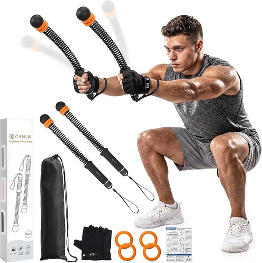 Ropeless Battle Ropes with Adjustable Weight, 2 Pack, Black | Adjustable weighted ropeless battle ropes with removable resistance rings for full-body HIIT workouts.
