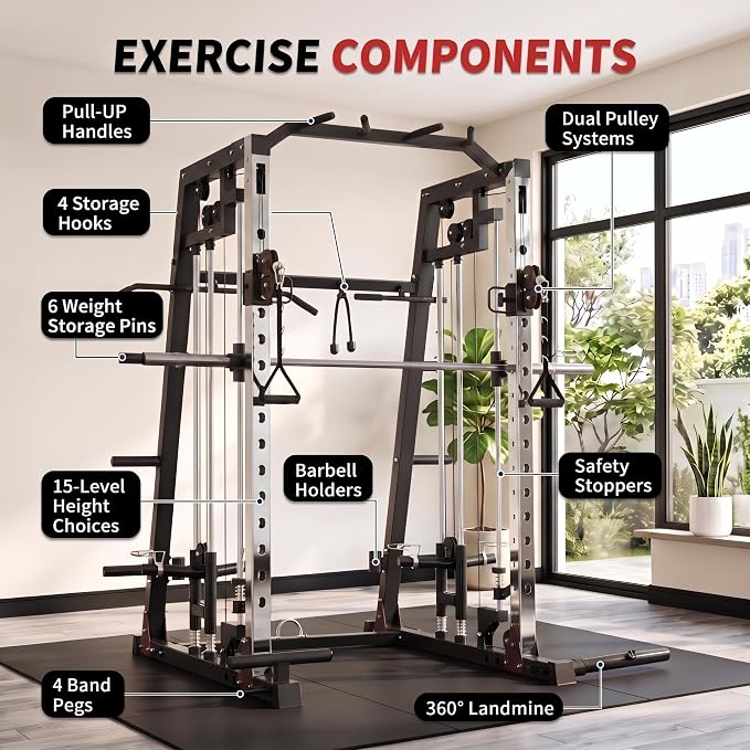 Smith Machine Home Gym – 2200LBS Multi-Function Squat Rack with Smith Bar | Power Cage,LAT Pulldown,Cable Crossover System,Dual Pulley Station,360° Landmine, Heavy Duty Full Body Workout Equipment