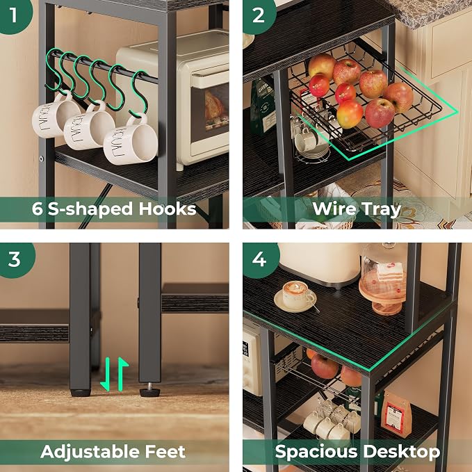 SUPERJARE Bakers Rack with Power Outlet, 35.4 Inches Coffee Bar with Basket | Kitchen Microwave Stand with 11 S-Shaped Hooks, Open Storage Shelves, Black