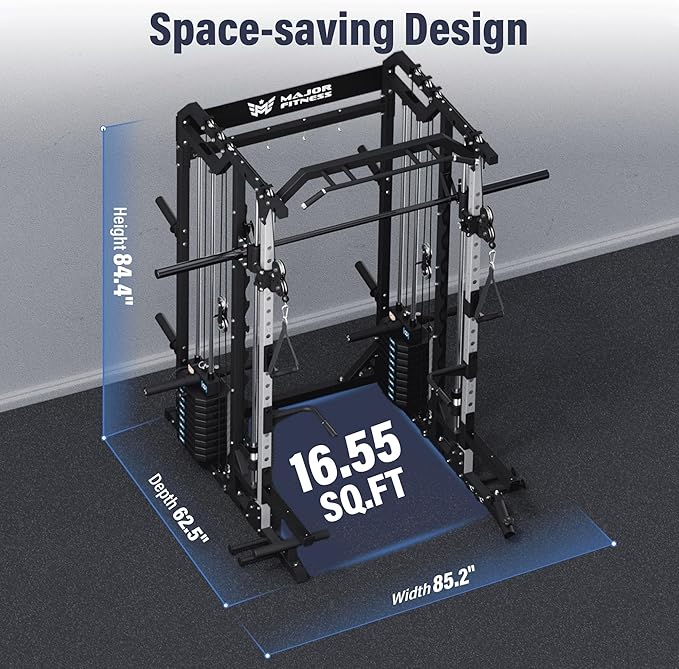 Major Fitness Drone2 Advanced Training Smith Machines– All-in-One Home Gym Squat Rack with Aluminum Pulley Set , Weight Bar, Dual LAT Pull-Down Systems & Cable Crossover Machine for Full-Body Workouts