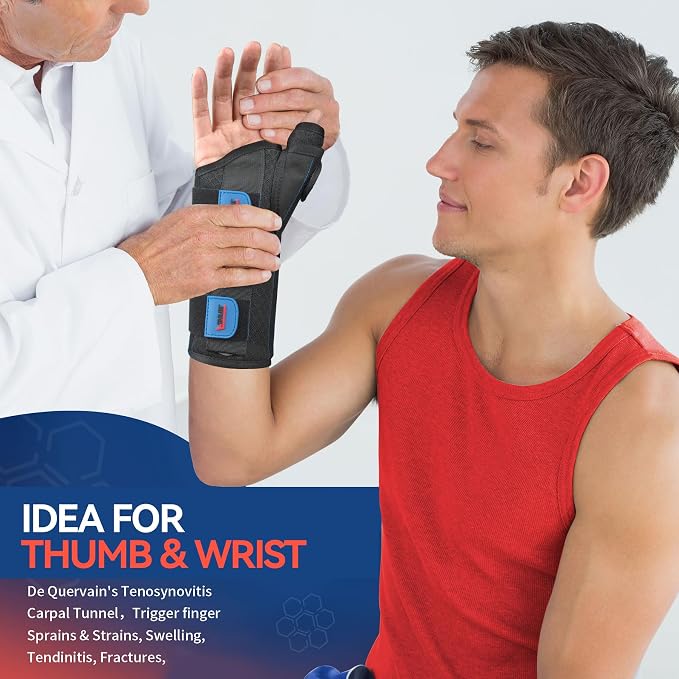 FEATOL Carpal Tunnel Wrist Brace Night Support, Thumb Spica Splint Right Hand for De Quervains Tenosynovitis, Tendonitis, Thumb Brace for Women Men, Black Blue, Medium/Large